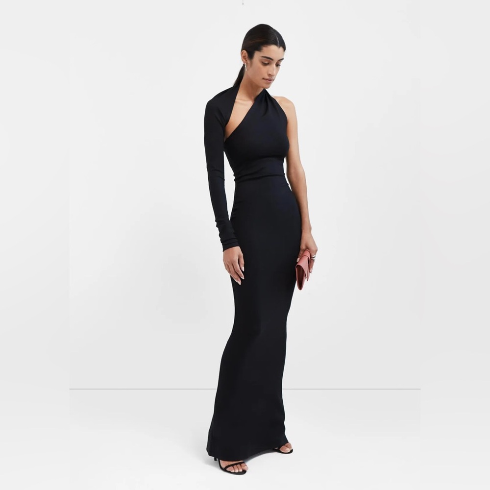 New! Marcella Manhattan One Shoulder Knit Gown Black Maxi Dress Size Medium - Picture 3 of 10